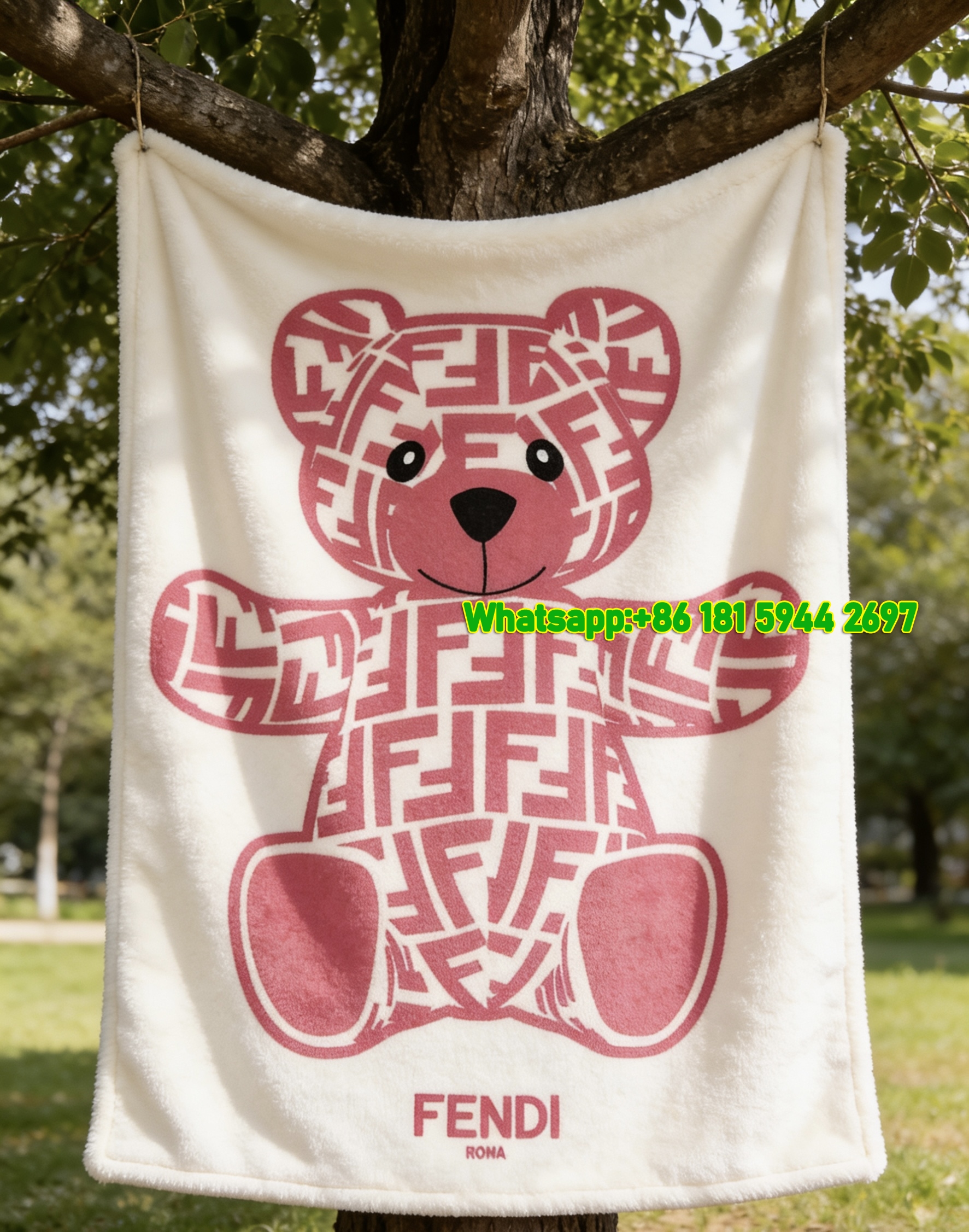 Fendi Pink Teddy Bear FF Monogram Flannel Sofa Throw Blanket IMG_9374